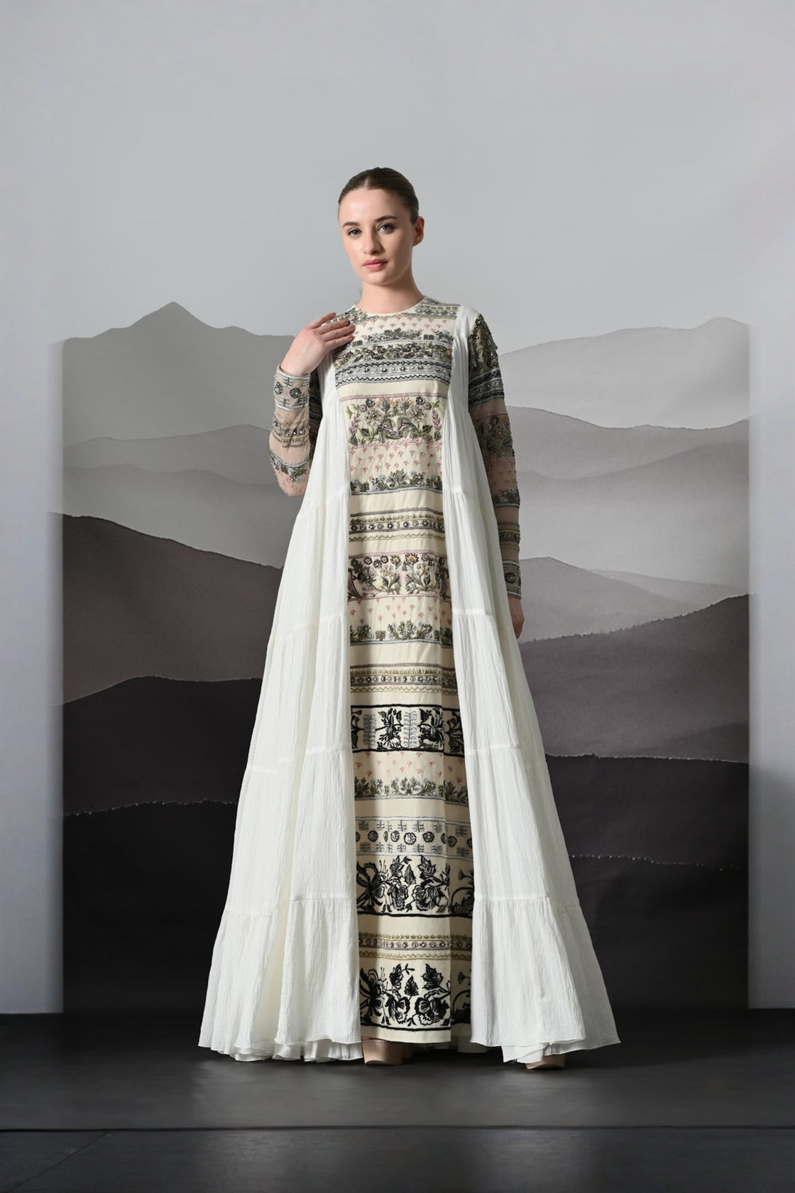 Ivory Artisanal Embroidered Gown With Panelled Overlay