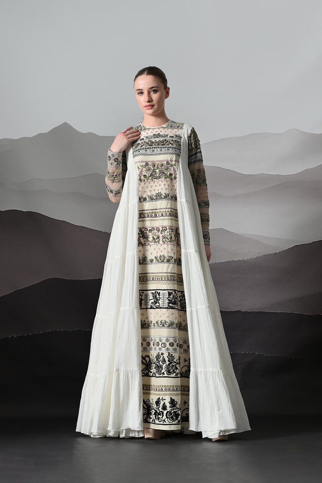 Ivory Artisanal Embroidered Gown With Panelled Overlay