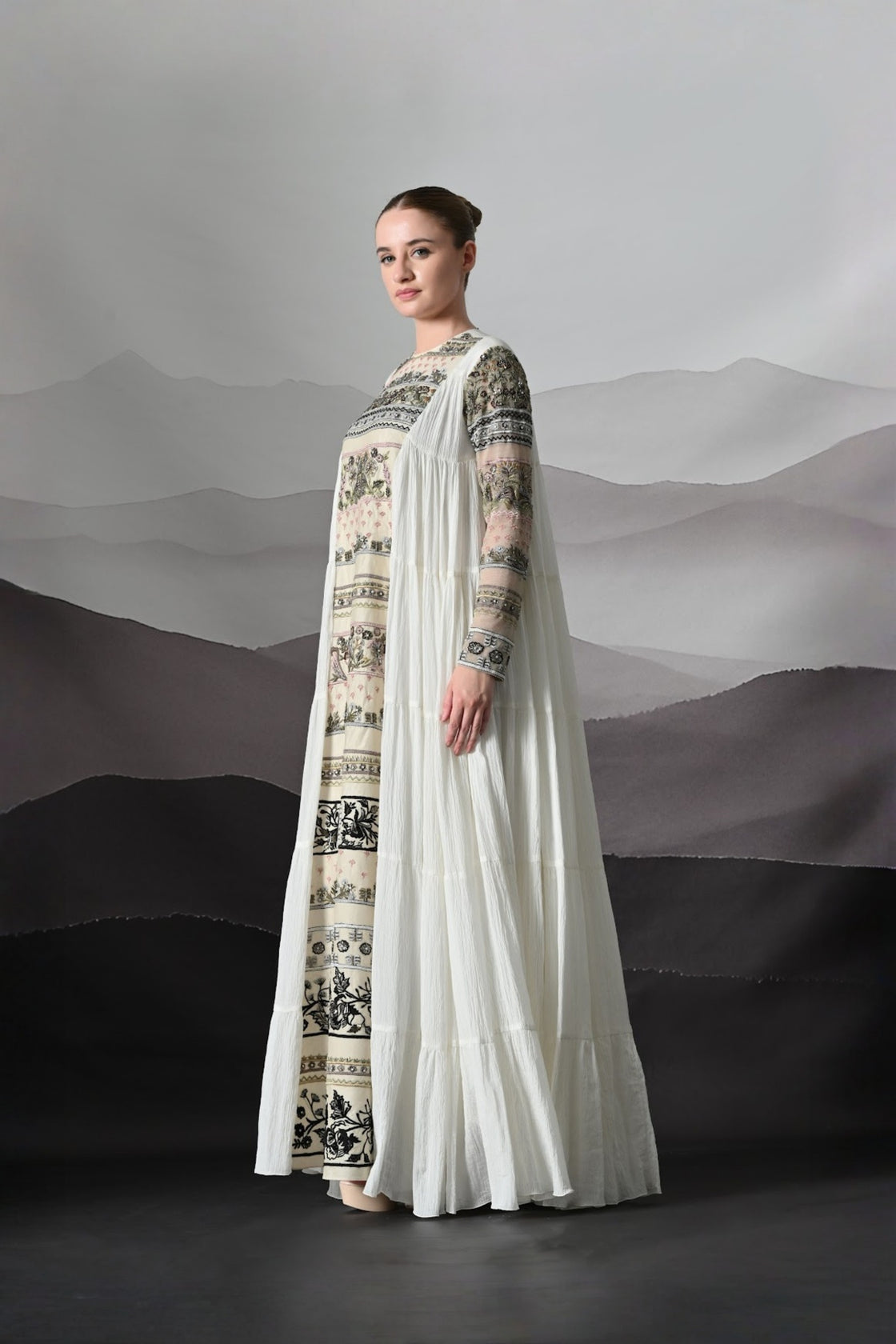 Ivory Artisanal Embroidered Gown With Panelled Overlay