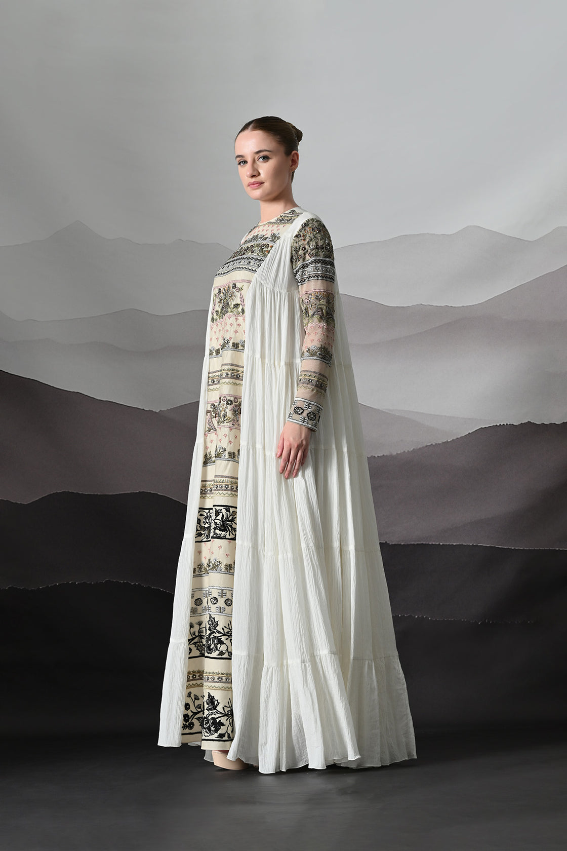 Ivory Artisanal Embroidered Gown With Panelled Overlay