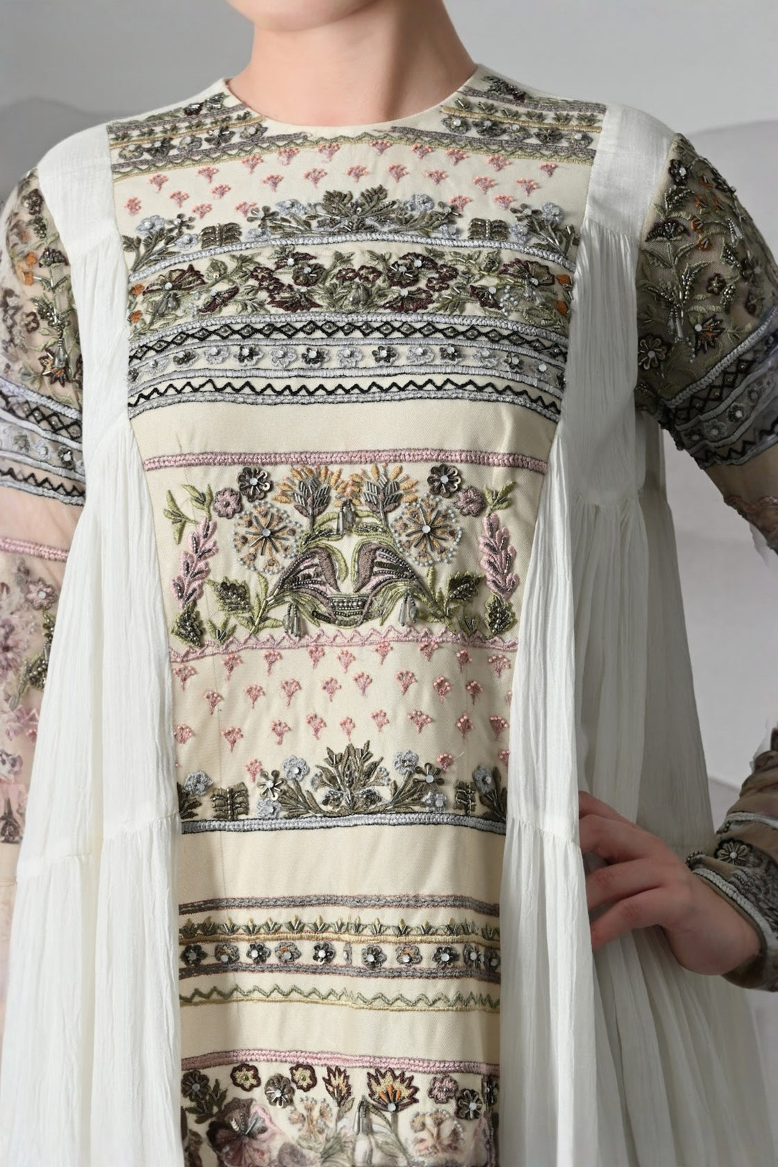 Ivory Artisanal Embroidered Gown With Panelled Overlay