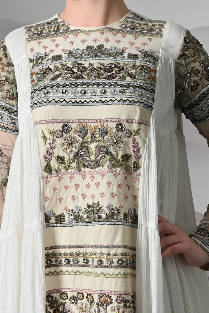 Ivory Artisanal Embroidered Gown With Panelled Overlay
