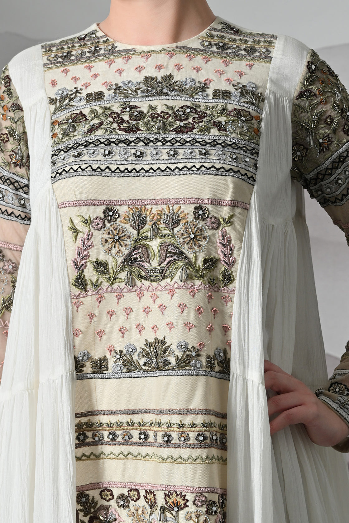 Ivory Artisanal Embroidered Gown With Panelled Overlay
