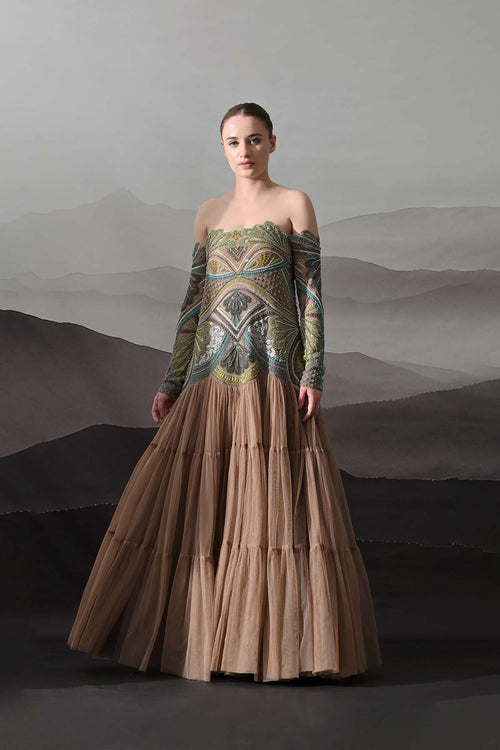 Off-Shoulder Gown With Hand-Embroidered Foliage Motifs And Tiered Attached Skirt