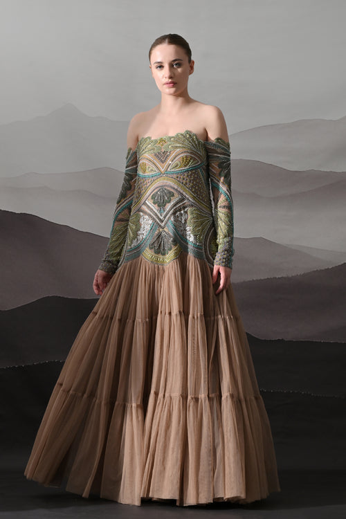 Off-Shoulder Gown with Hand-Embroidered Foliage Motifs and Tiered attached Skirt