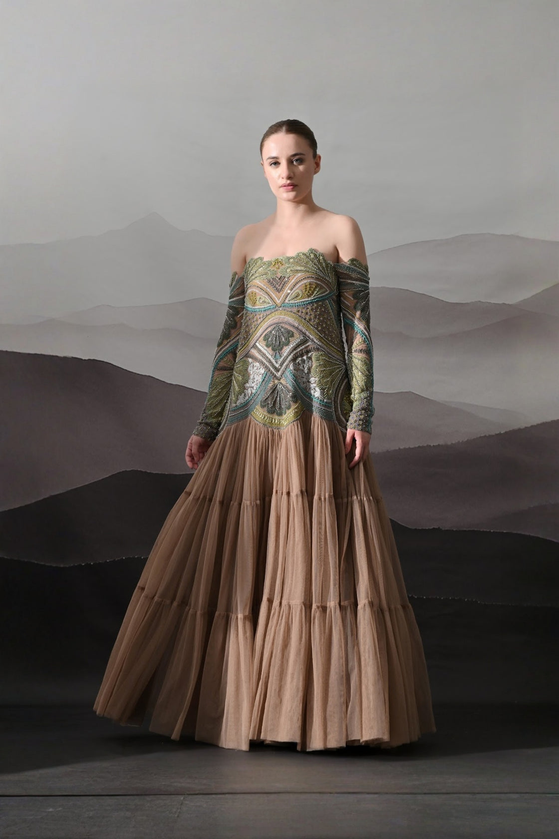 Off-Shoulder Gown With Hand-Embroidered Foliage Motifs And Tiered Attached Skirt
