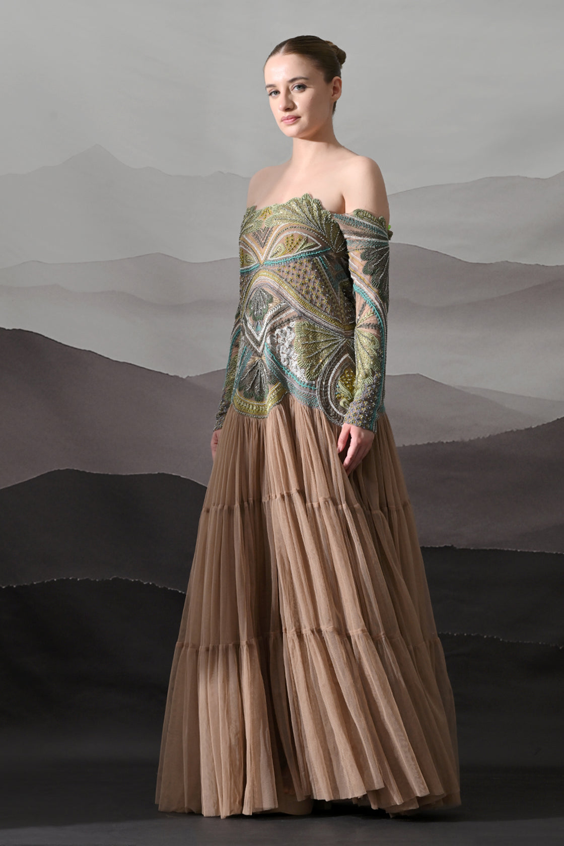 Off-Shoulder Embroidered Gown with Tiered Organza Skirt