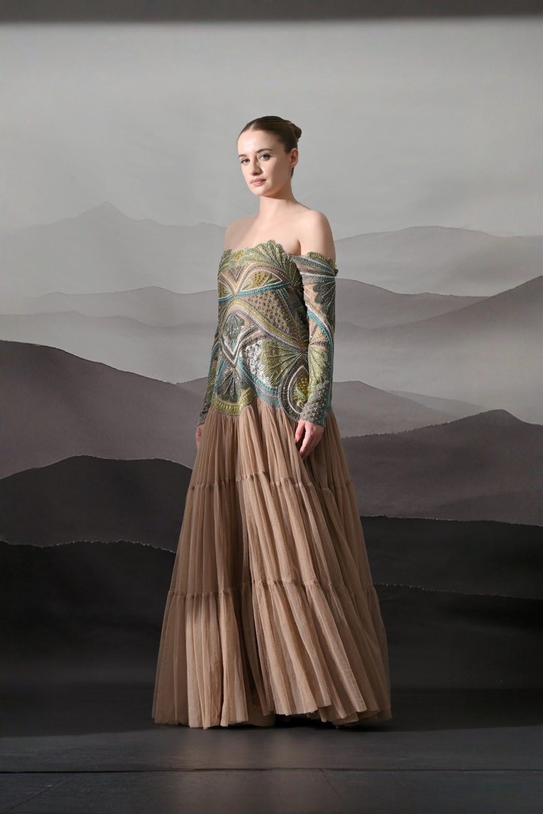 Off-Shoulder Gown With Hand-Embroidered Foliage Motifs And Tiered Attached Skirt