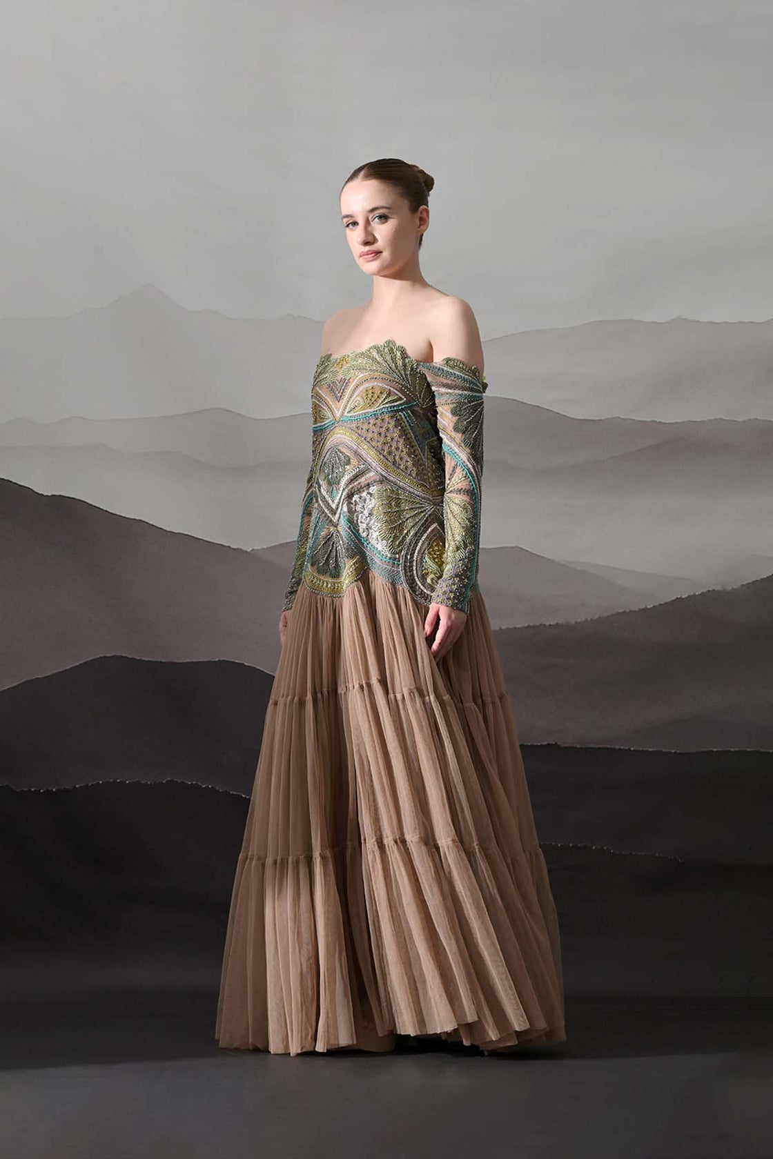 Off-Shoulder Gown With Hand-Embroidered Foliage Motifs And Tiered Attached Skirt