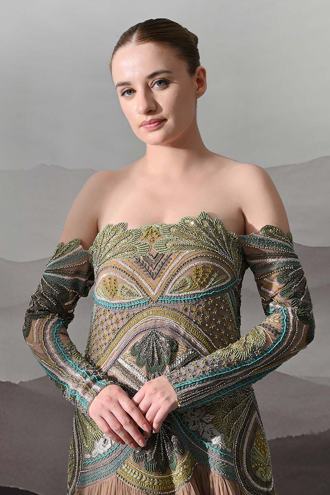 Off-Shoulder Gown With Hand-Embroidered Foliage Motifs And Tiered Attached Skirt