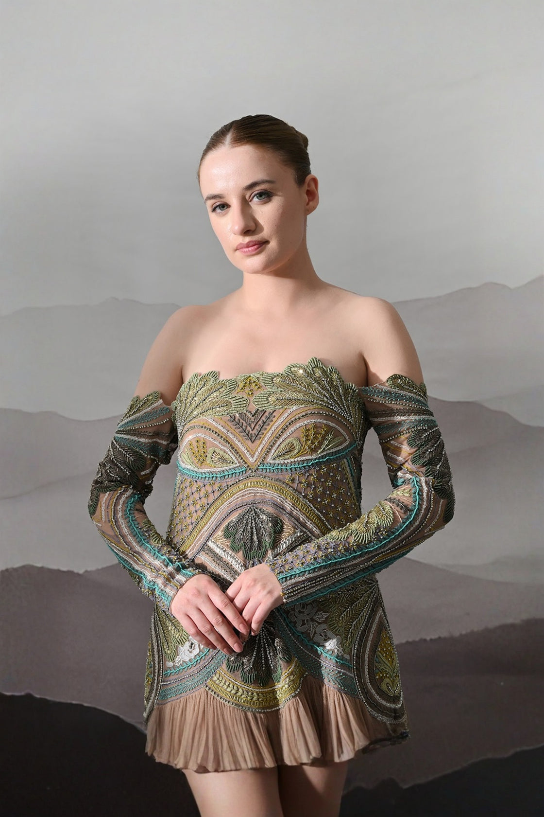 Off-Shoulder Gown With Hand-Embroidered Foliage Motifs And Tiered Attached Skirt