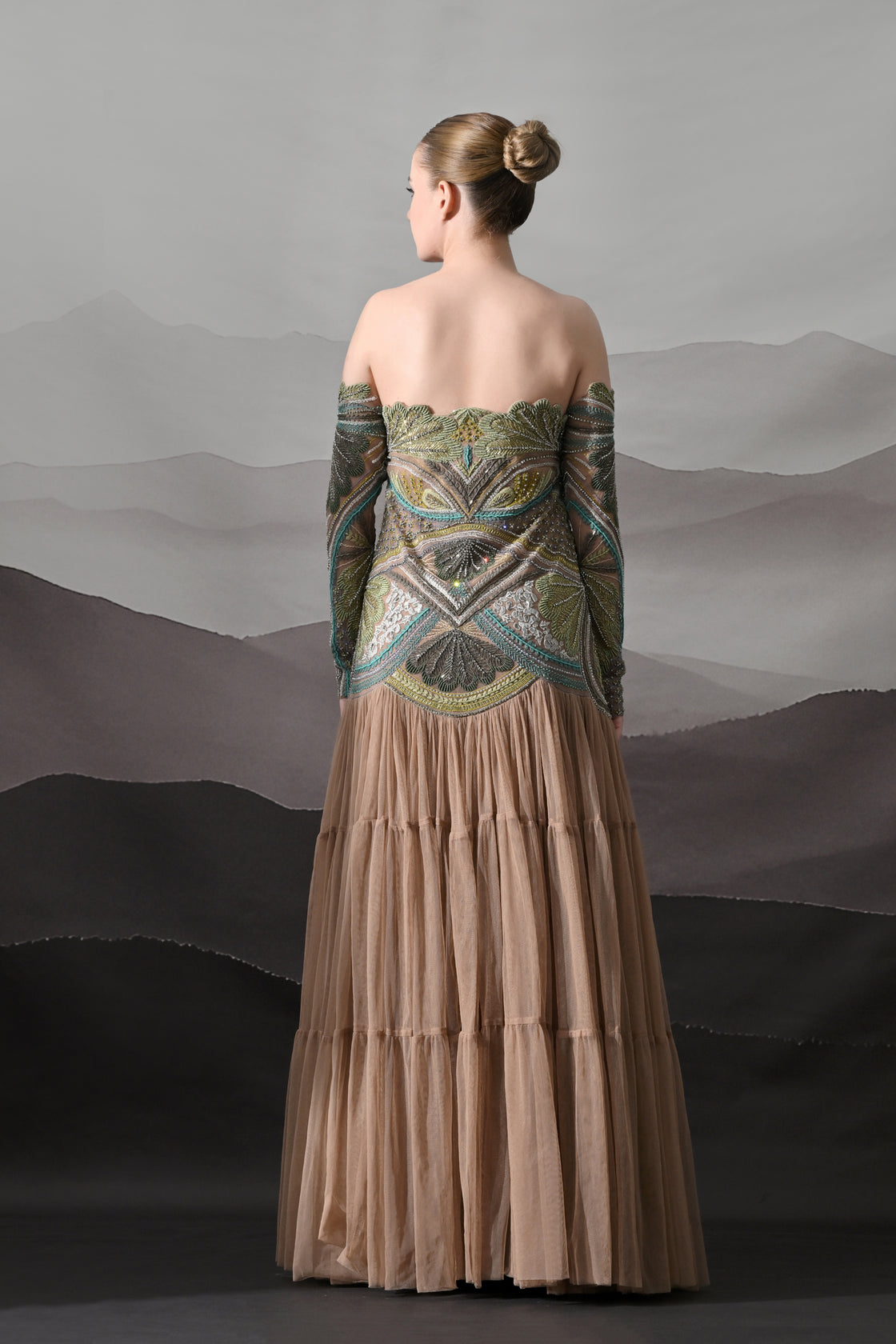 Off-Shoulder Embroidered Gown with Tiered Organza Skirt