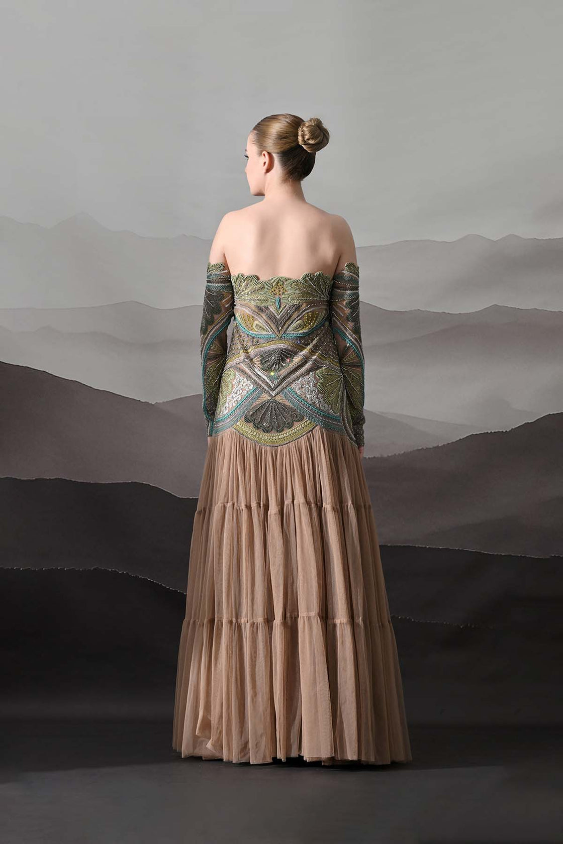 Off-Shoulder Gown With Hand-Embroidered Foliage Motifs And Tiered Attached Skirt