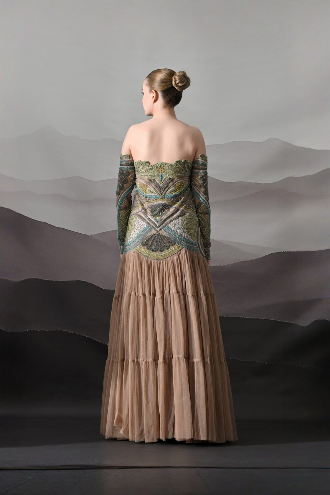 Off-Shoulder Gown With Hand-Embroidered Foliage Motifs And Tiered Attached Skirt
