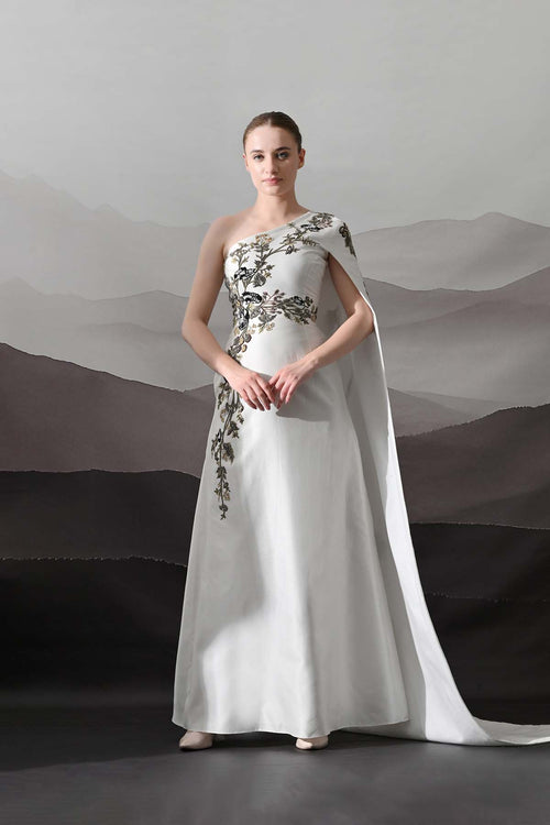 Elegant  Gown Featuring A One-Shoulder Bodice With Embroidered Detailing