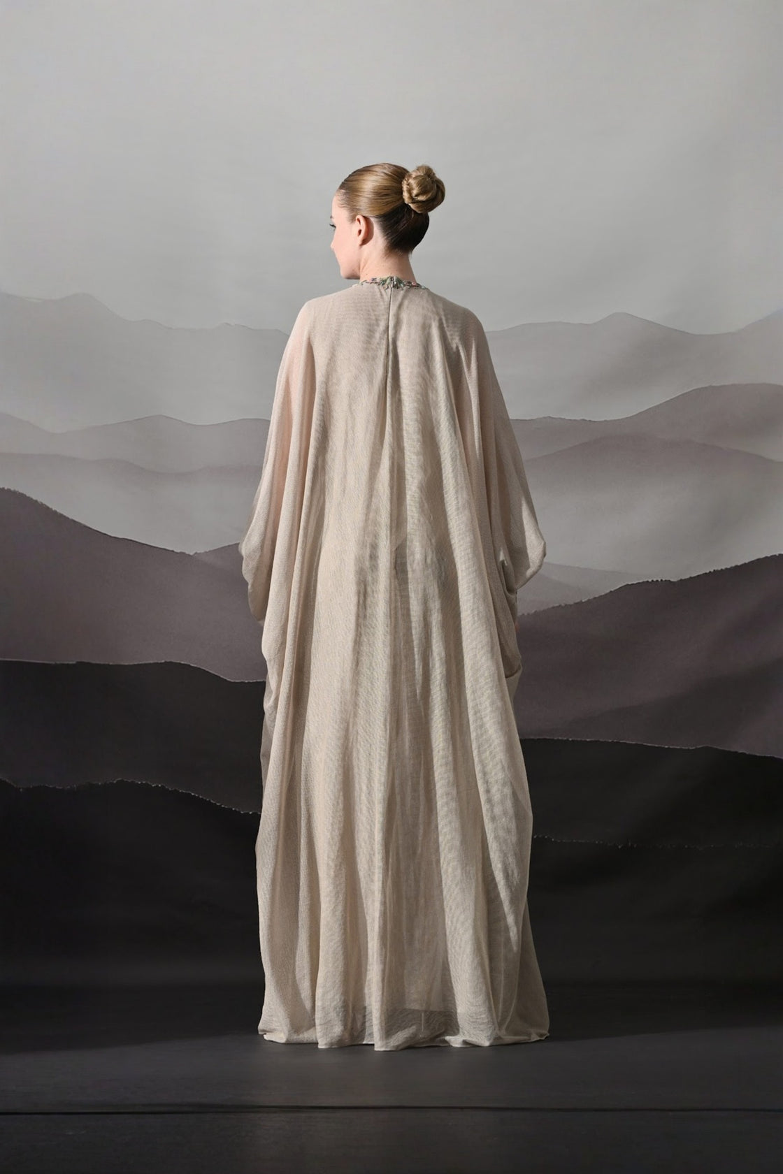 Biege Kaftan With Hand-Embroidered Motif And Soft Gathered Volume