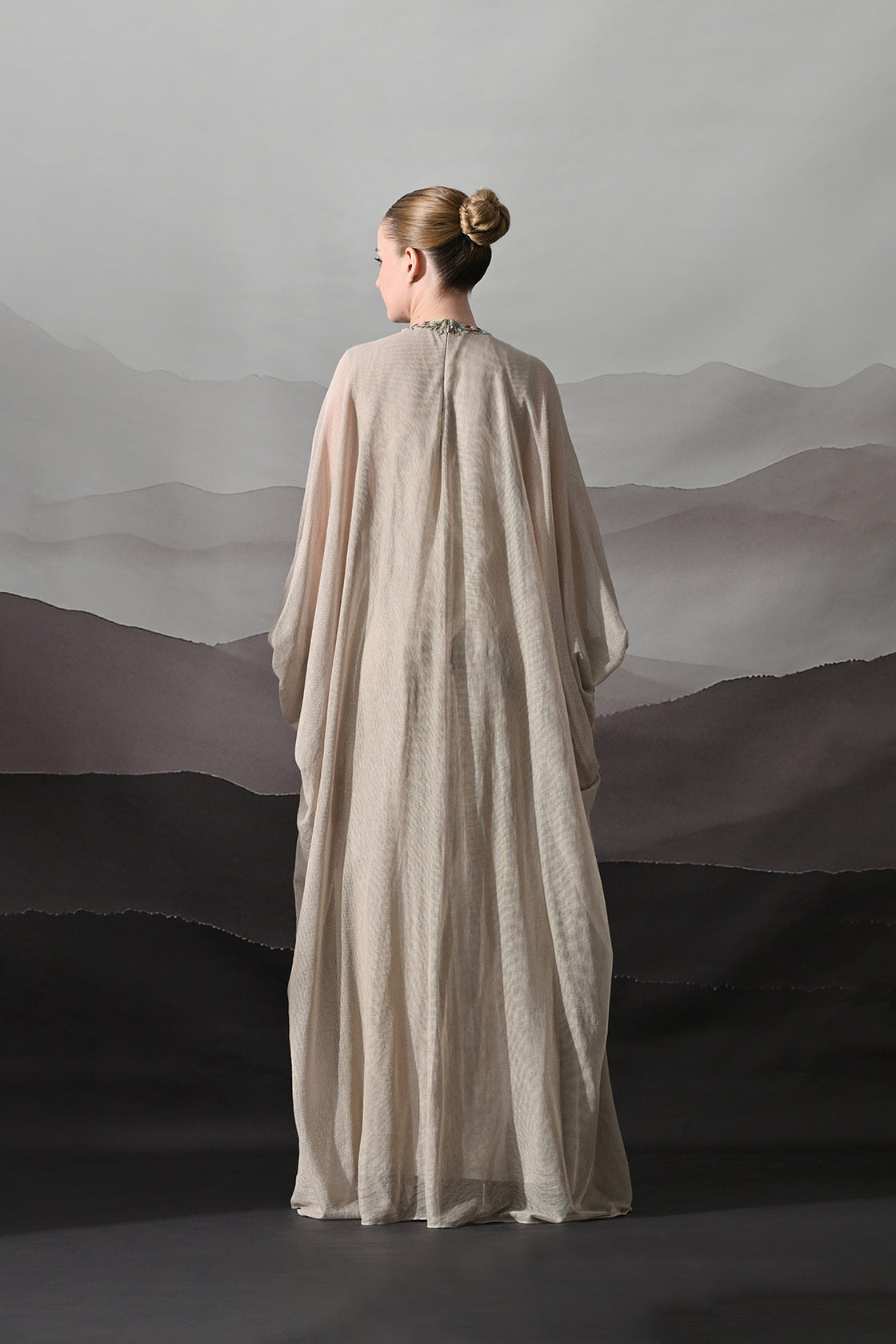 Biege Kaftan With Hand-Embroidered Motif And Soft Gathered Volume