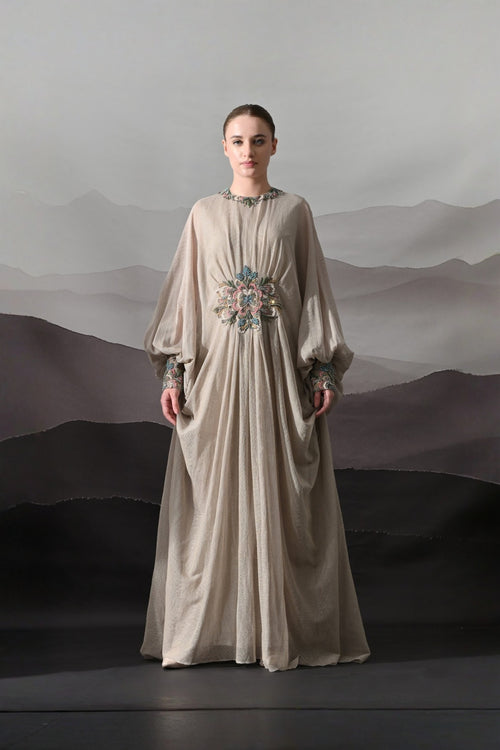 Biege Kaftan With Hand-Embroidered Motif And Soft Gathered Volume