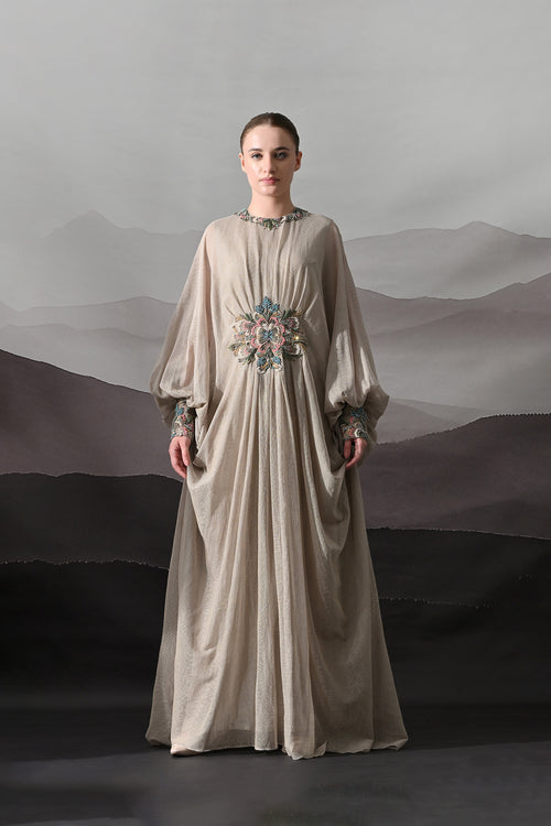 Biege Kaftan With Hand-Embroidered Motif And Soft Gathered Volume