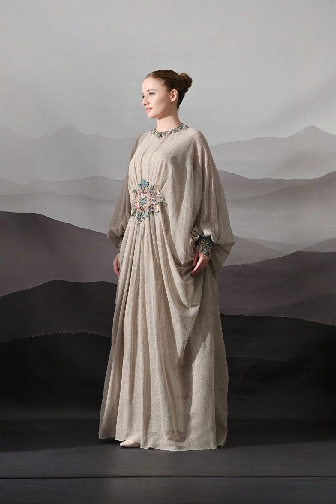 Biege Kaftan With Hand-Embroidered Motif And Soft Gathered Volume