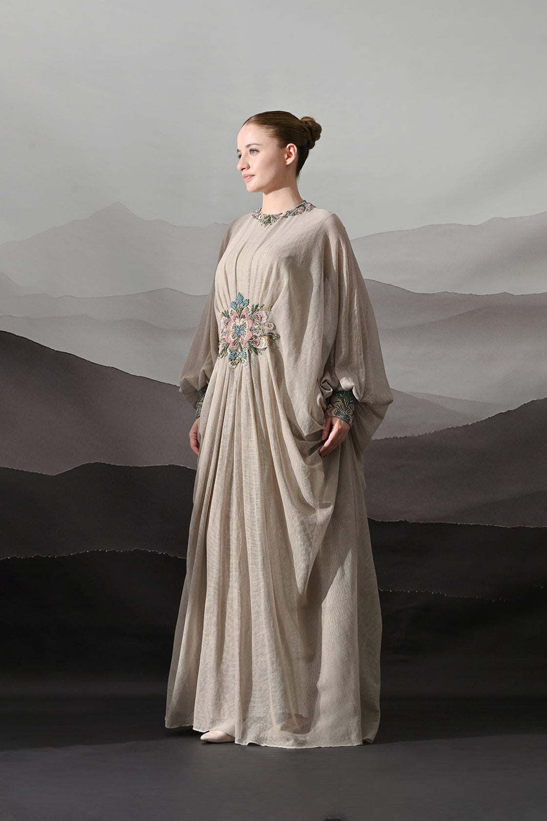 Biege Kaftan With Hand-Embroidered Motif And Soft Gathered Volume