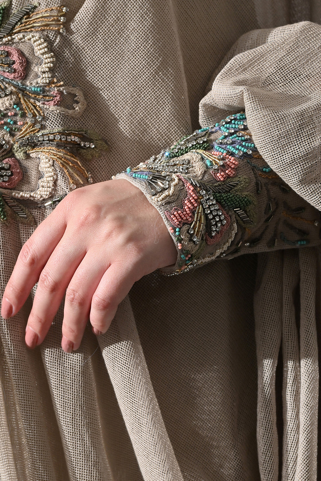 Biege Kaftan With Hand-Embroidered Motif And Soft Gathered Volume