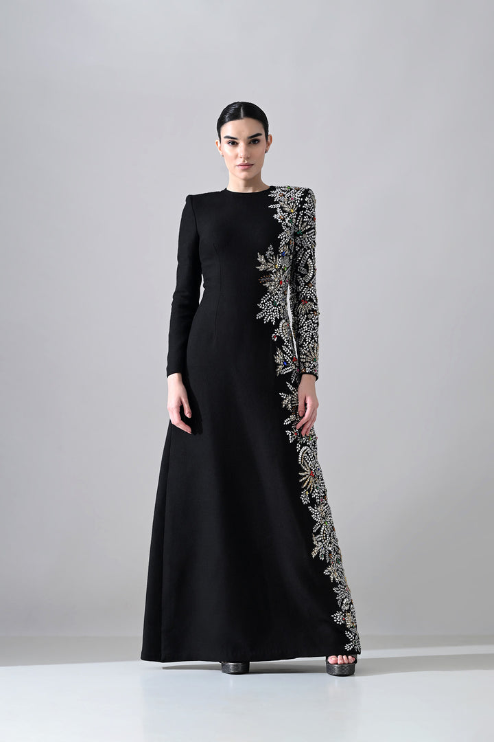 Black Gown With One-Sided  Embellishment Details