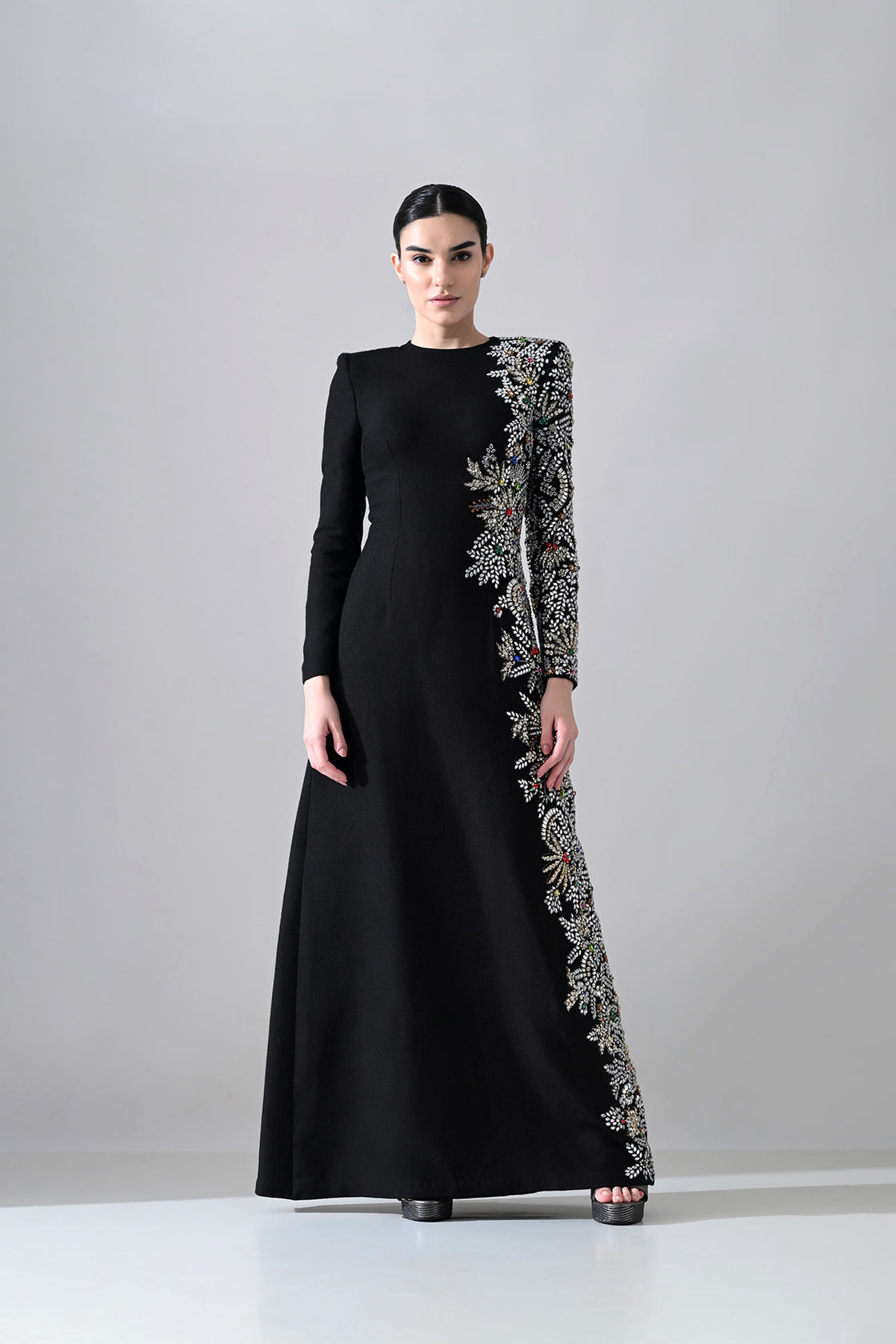 Black Gown With One-Sided  Embellishment Details