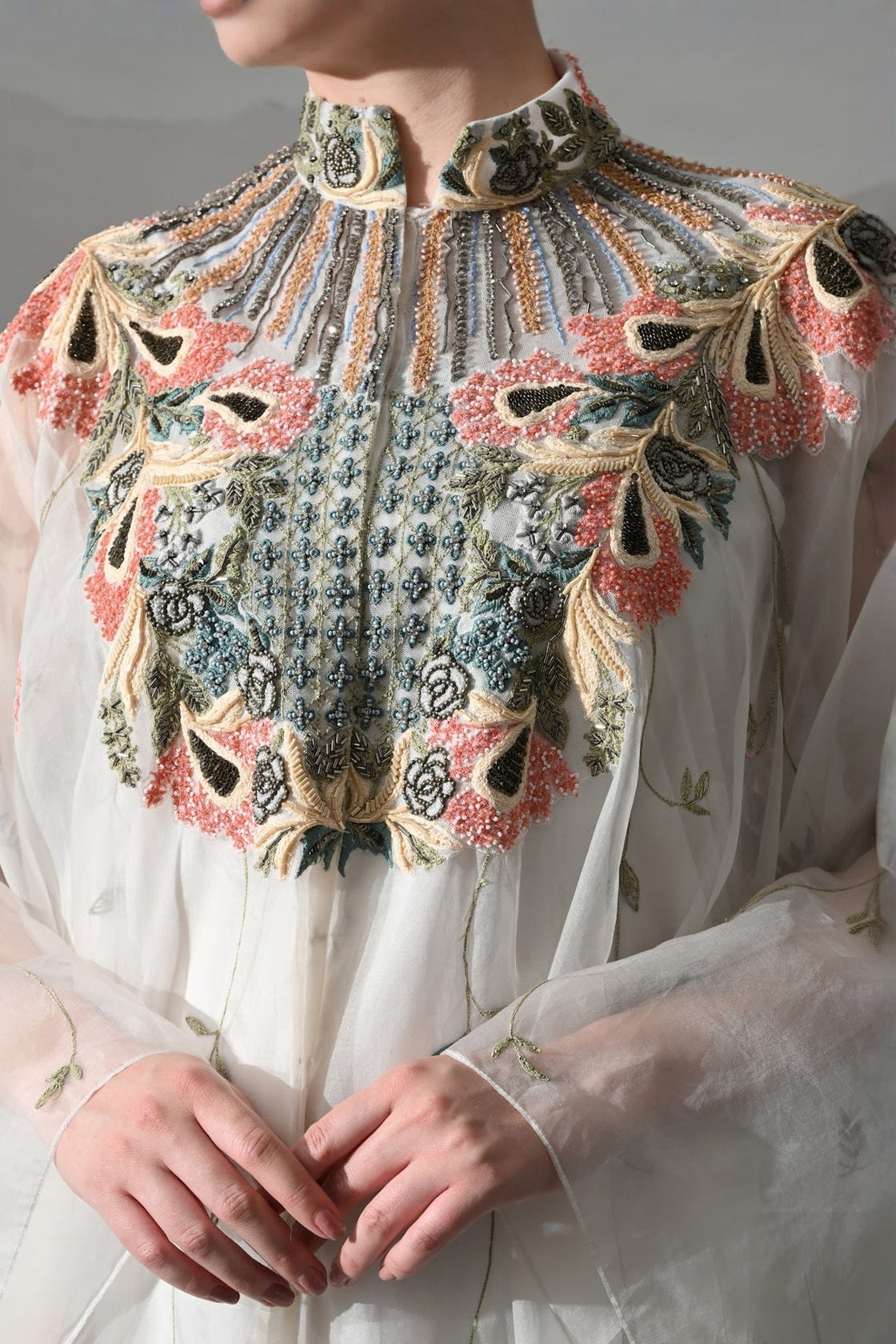 Ivory Kaftan With Detailed Neckwork