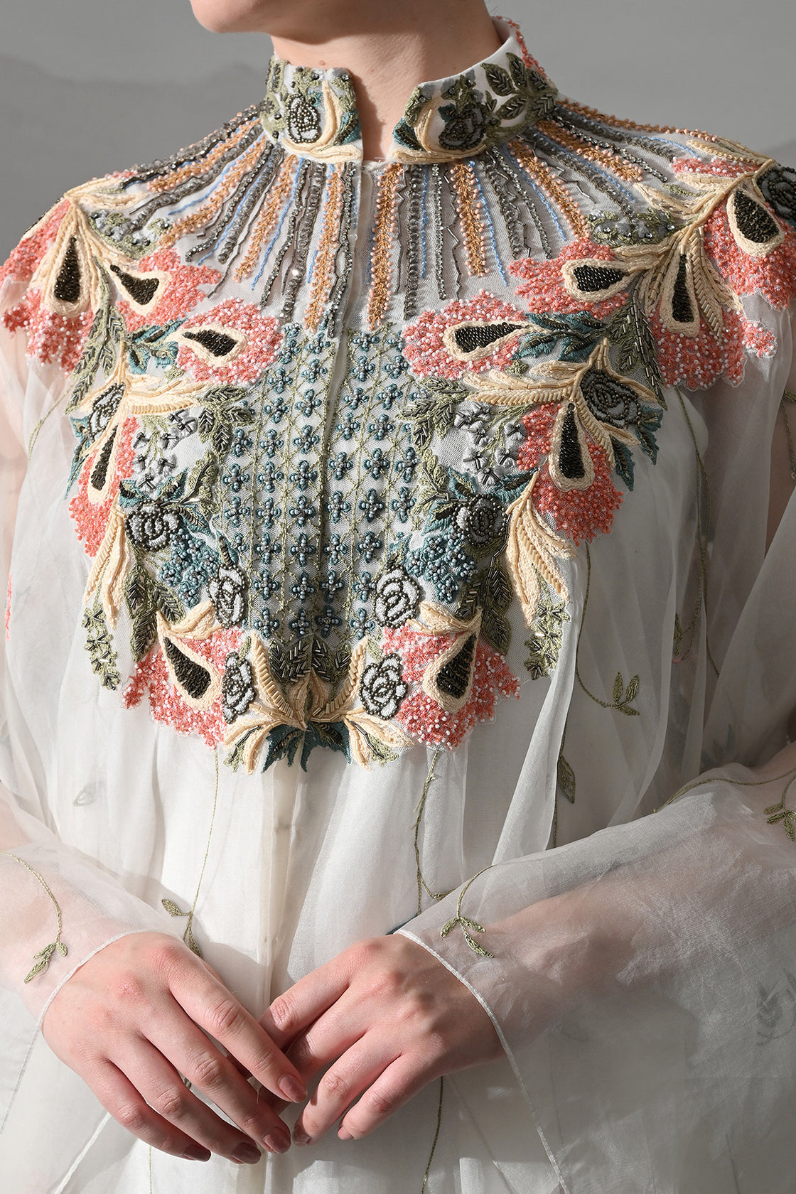 Ivory Kaftan With Detailed Neckwork