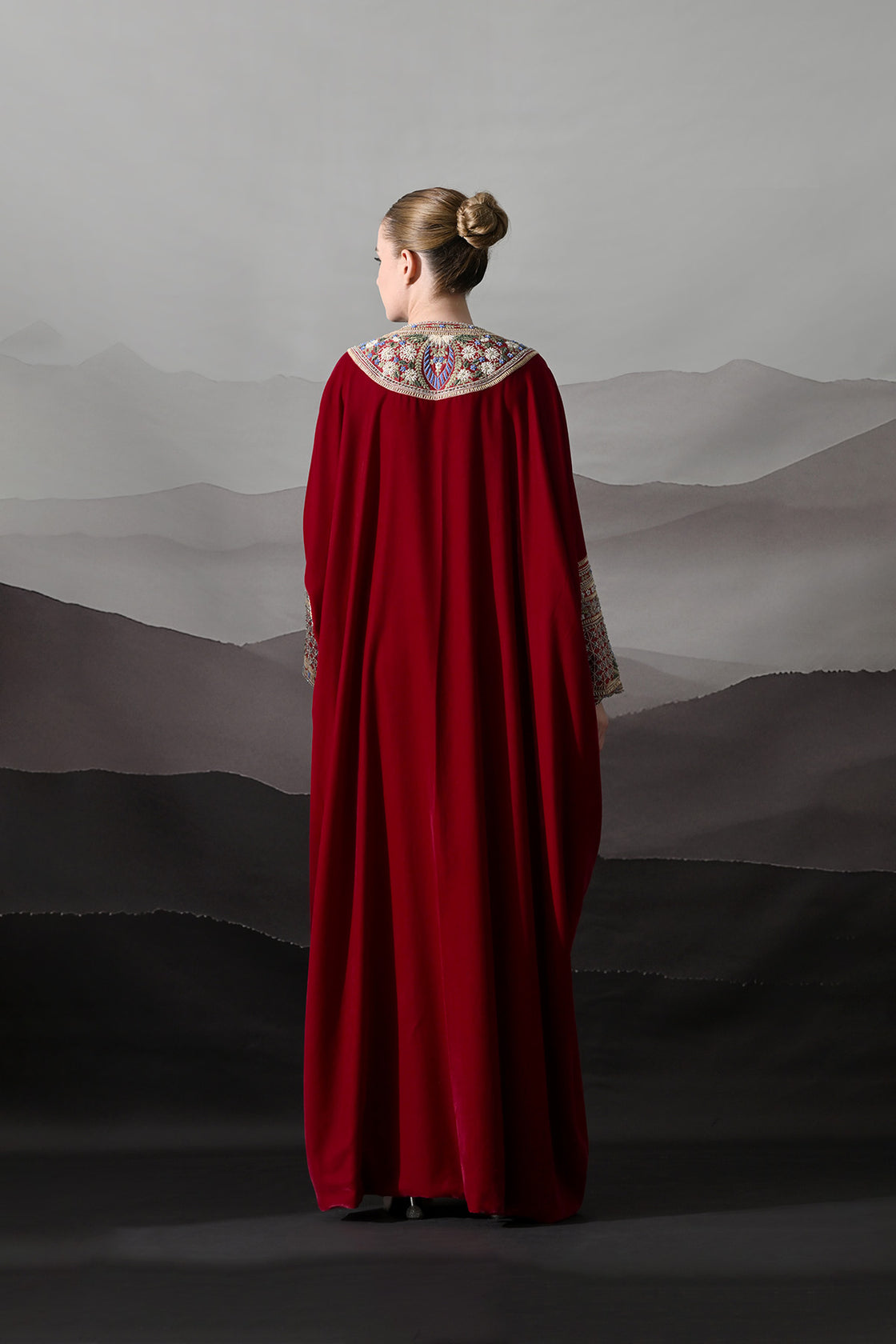 Maroon Kaftan With Handworked Motifs