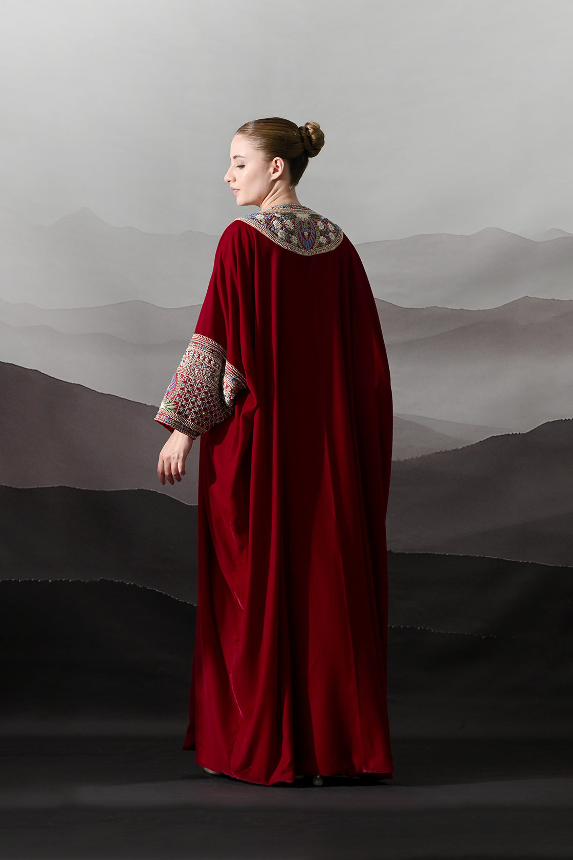 Maroon Kaftan With Handworked Motifs