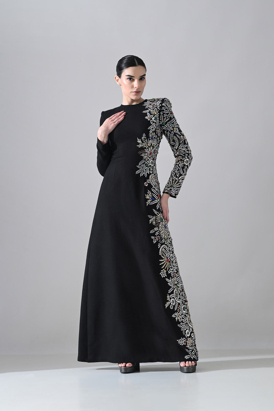 Black Gown With One-Sided  Embellishment Details