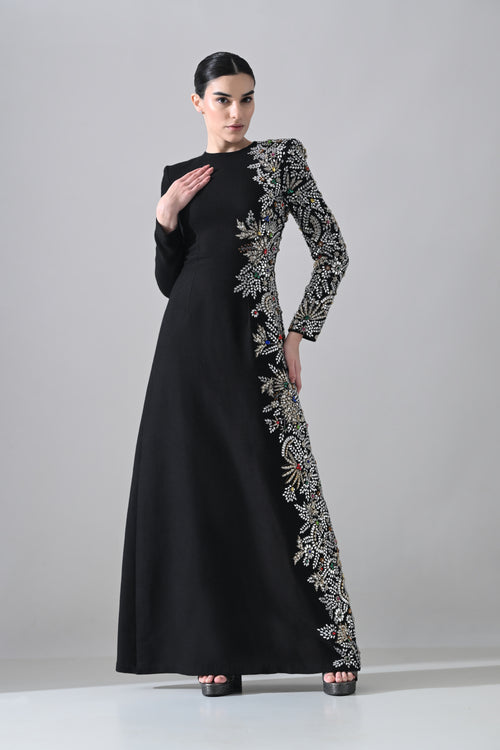 Black Gown with One-Sided Artisanal Embellishment