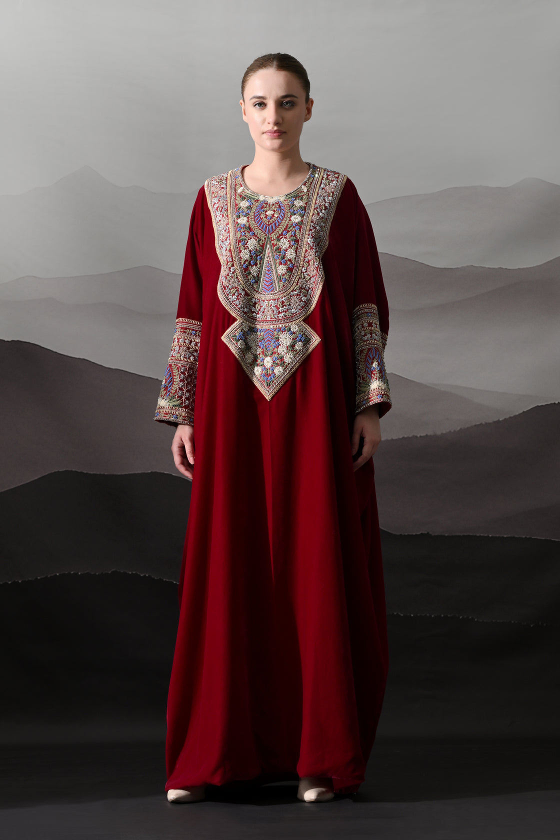 Maroon Kaftan with Handworked Motifs