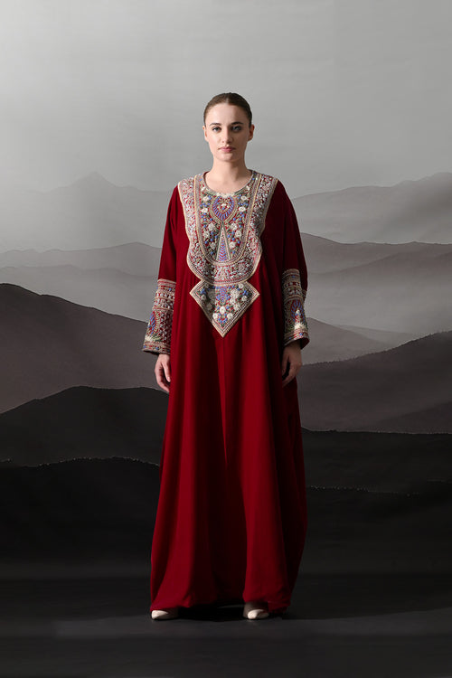 Maroon Kaftan With Handworked Motifs