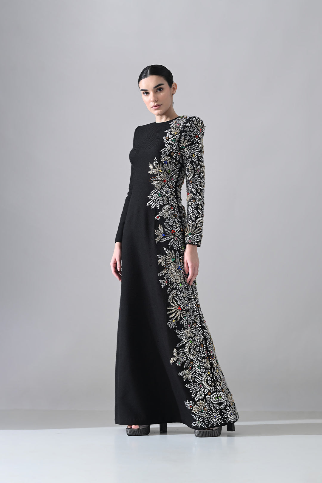 Black Gown With One-Sided  Embellishment Details