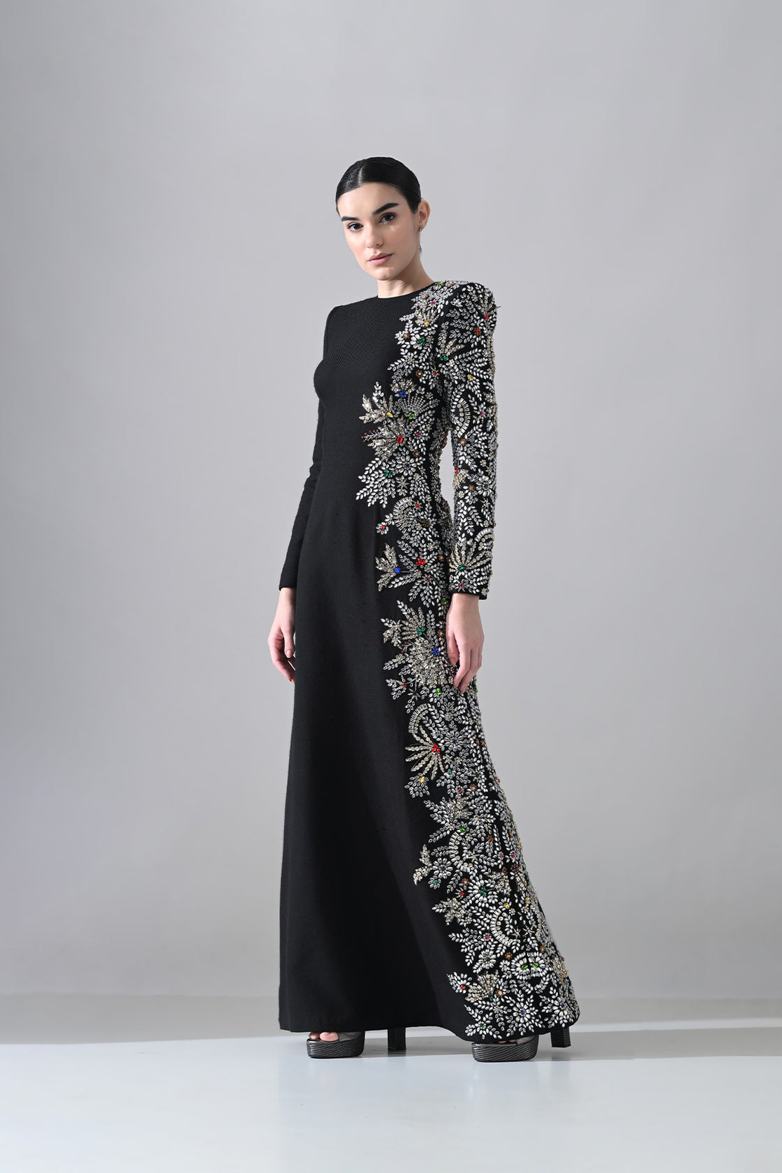 Black Gown With One-Sided  Embellishment Details