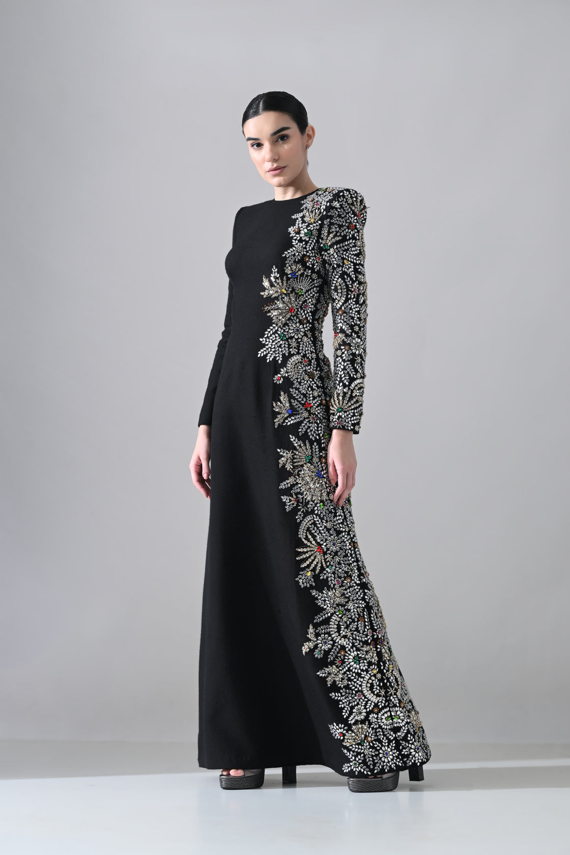 Black Gown with One-Sided Artisanal Embellishment