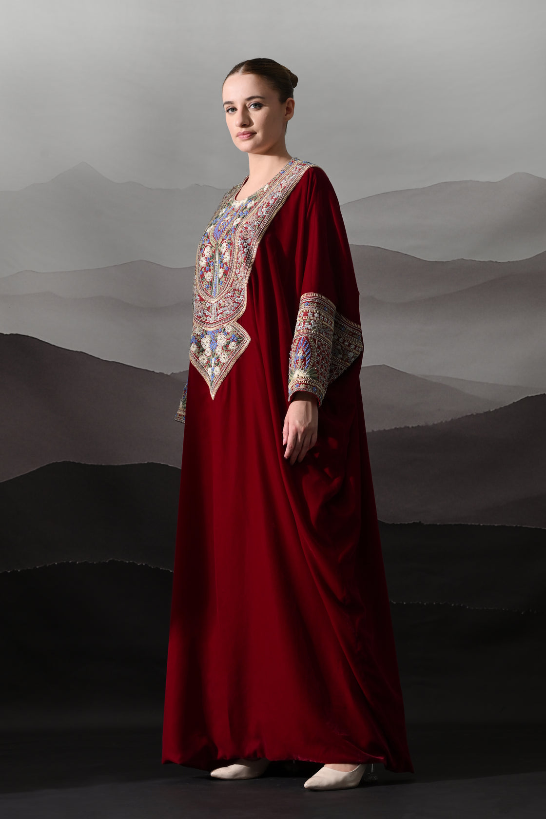 Maroon Kaftan with Handworked Motifs