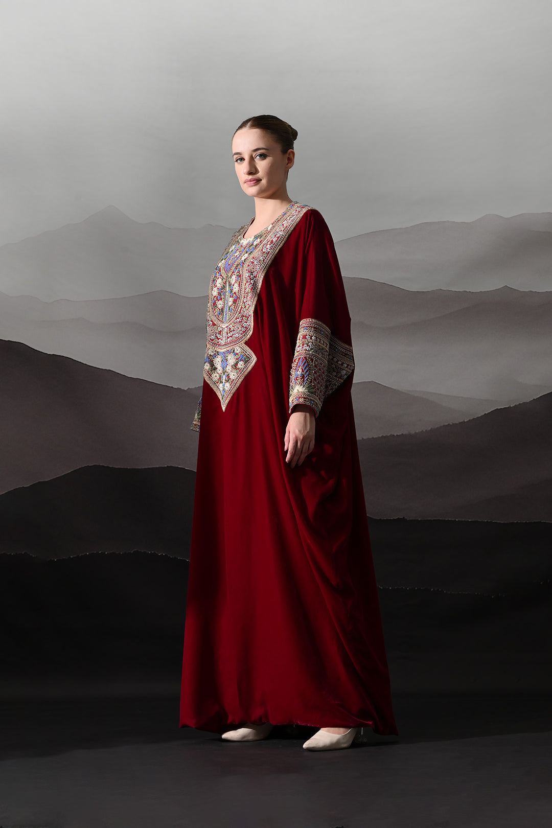Maroon Kaftan With Handworked Motifs