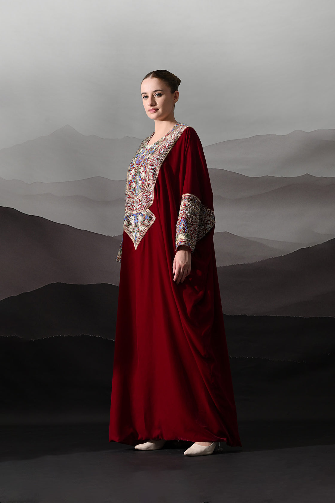 Maroon Kaftan With Handworked Motifs