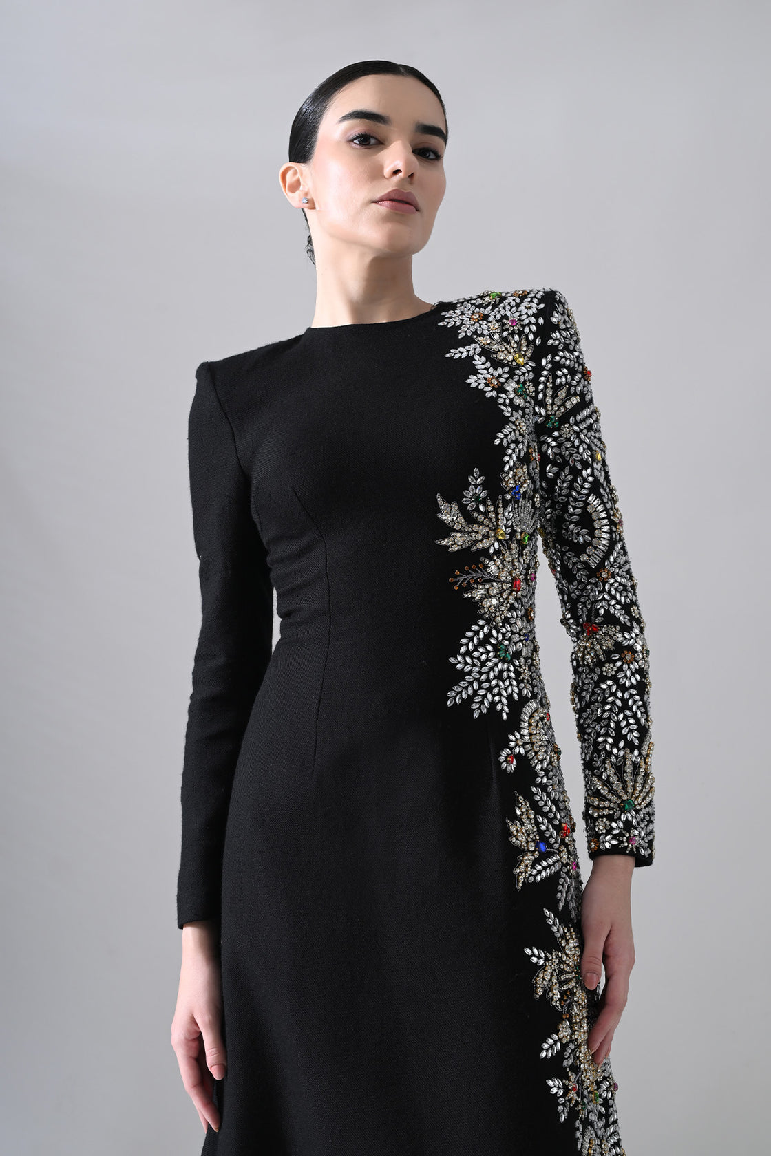 Black Gown With One-Sided  Embellishment Details