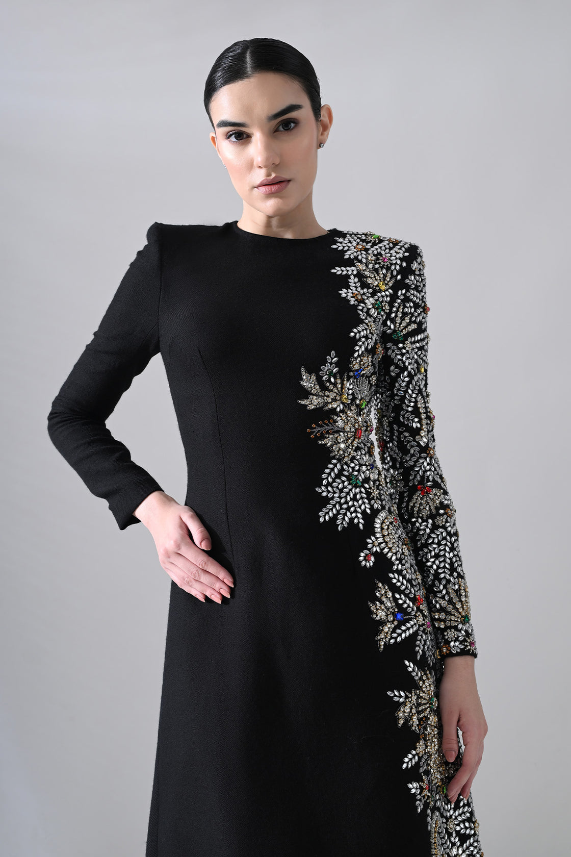 Black Gown With One-Sided  Embellishment Details