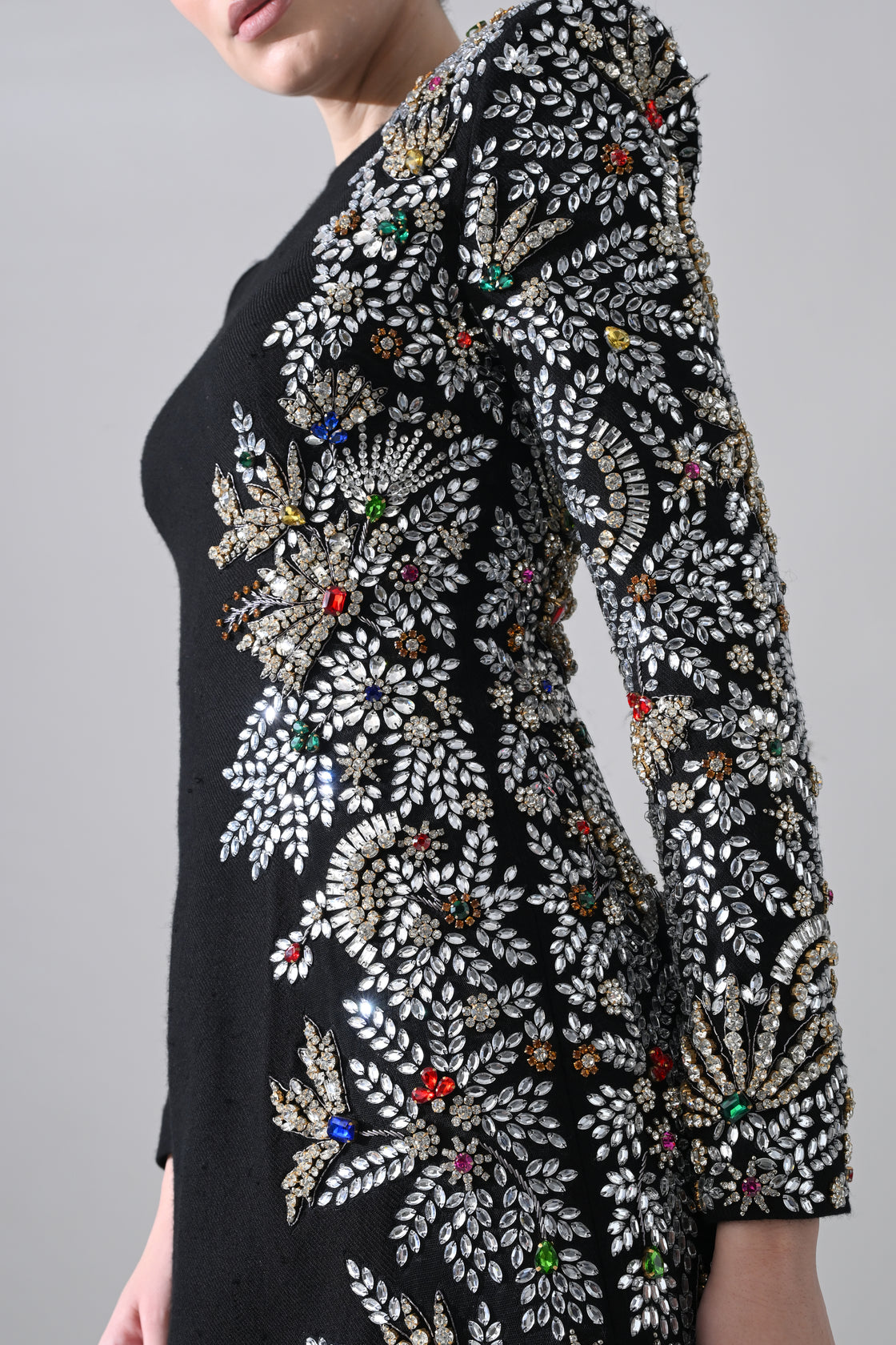 Black Gown with One-Sided Artisanal Embellishment