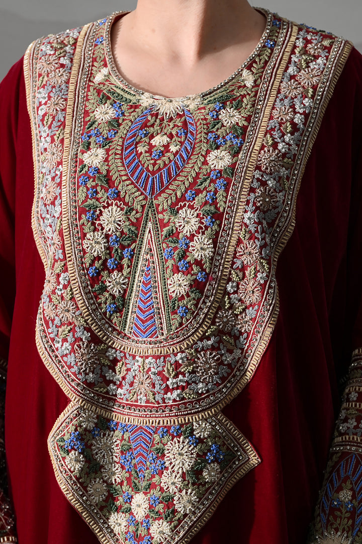 Maroon Kaftan With Handworked Motifs