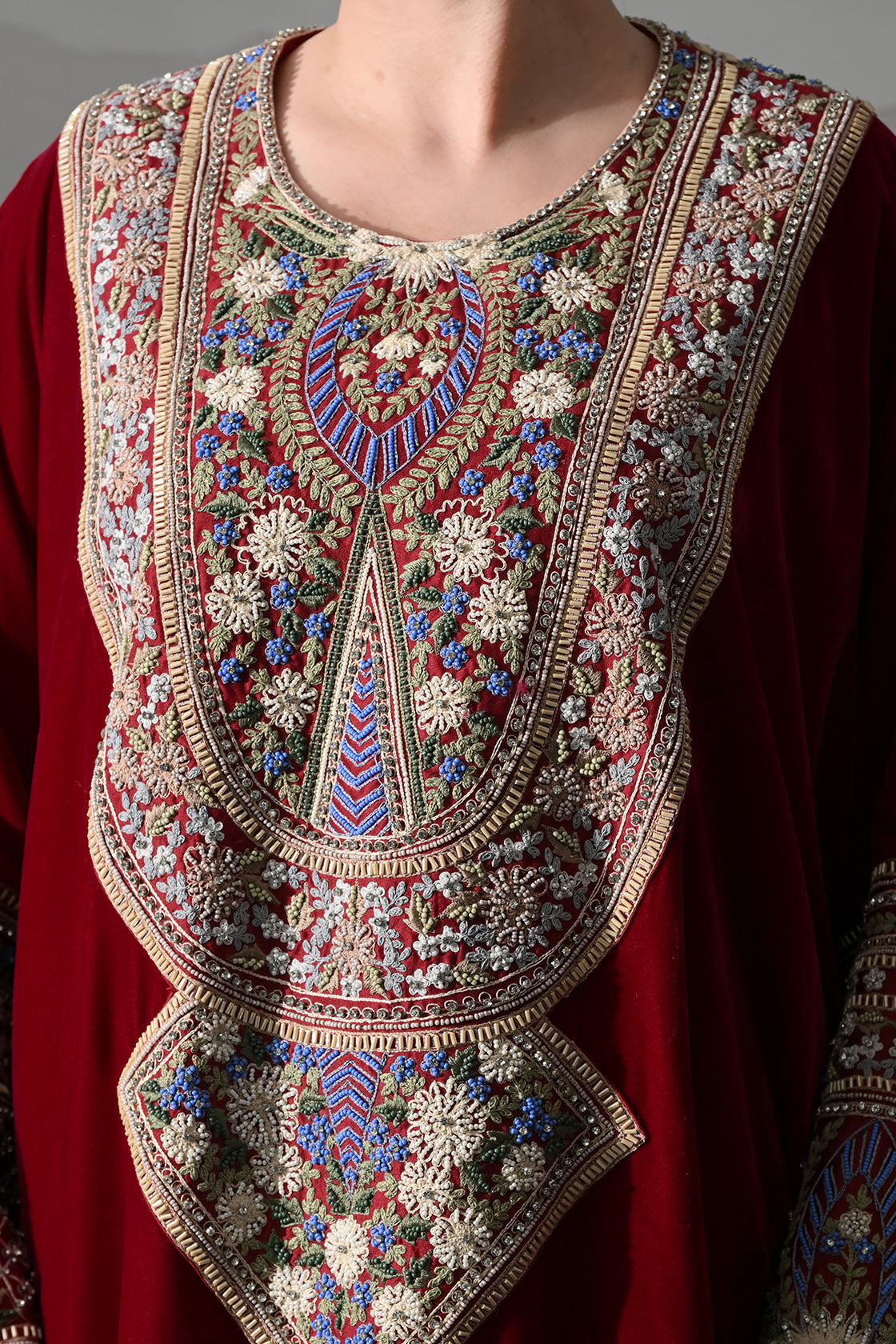 Maroon Kaftan With Handworked Motifs