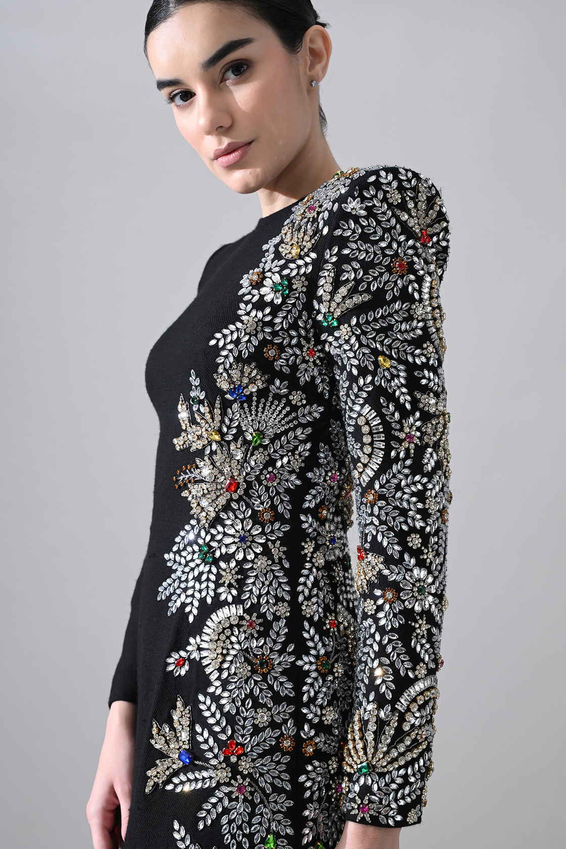 Black Gown With One-Sided  Embellishment Details