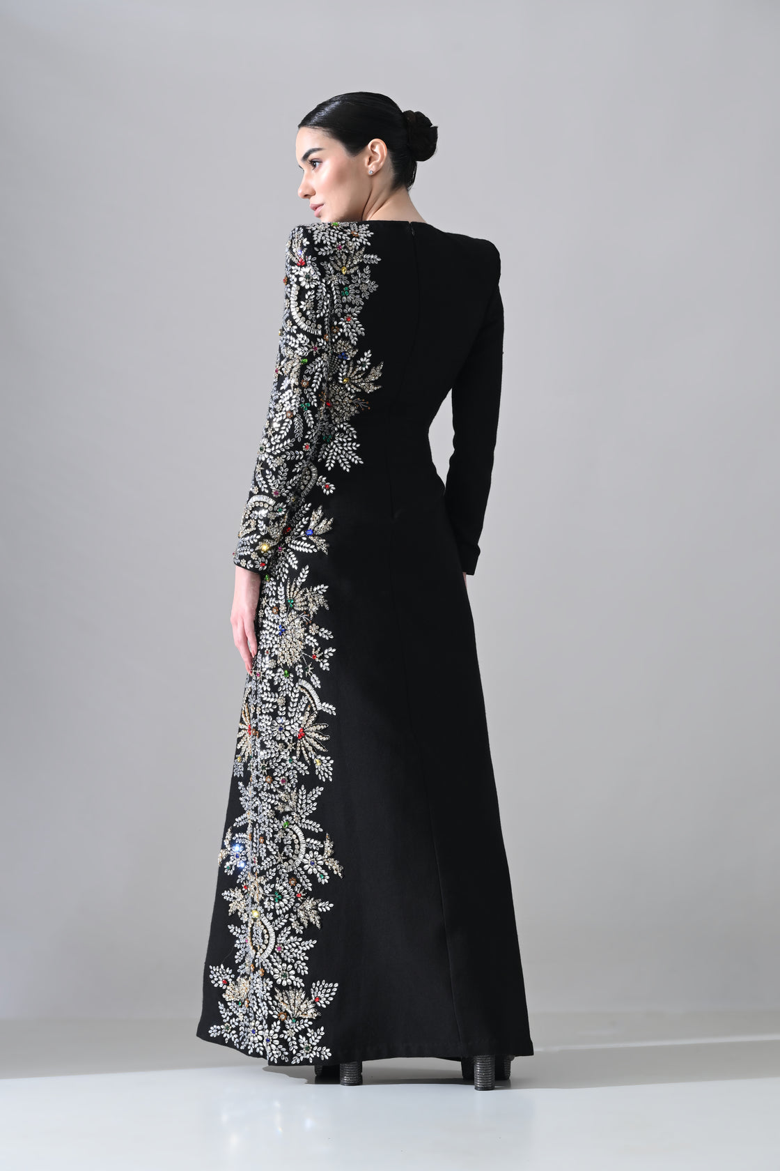 Black Gown with One-Sided Artisanal Embellishment