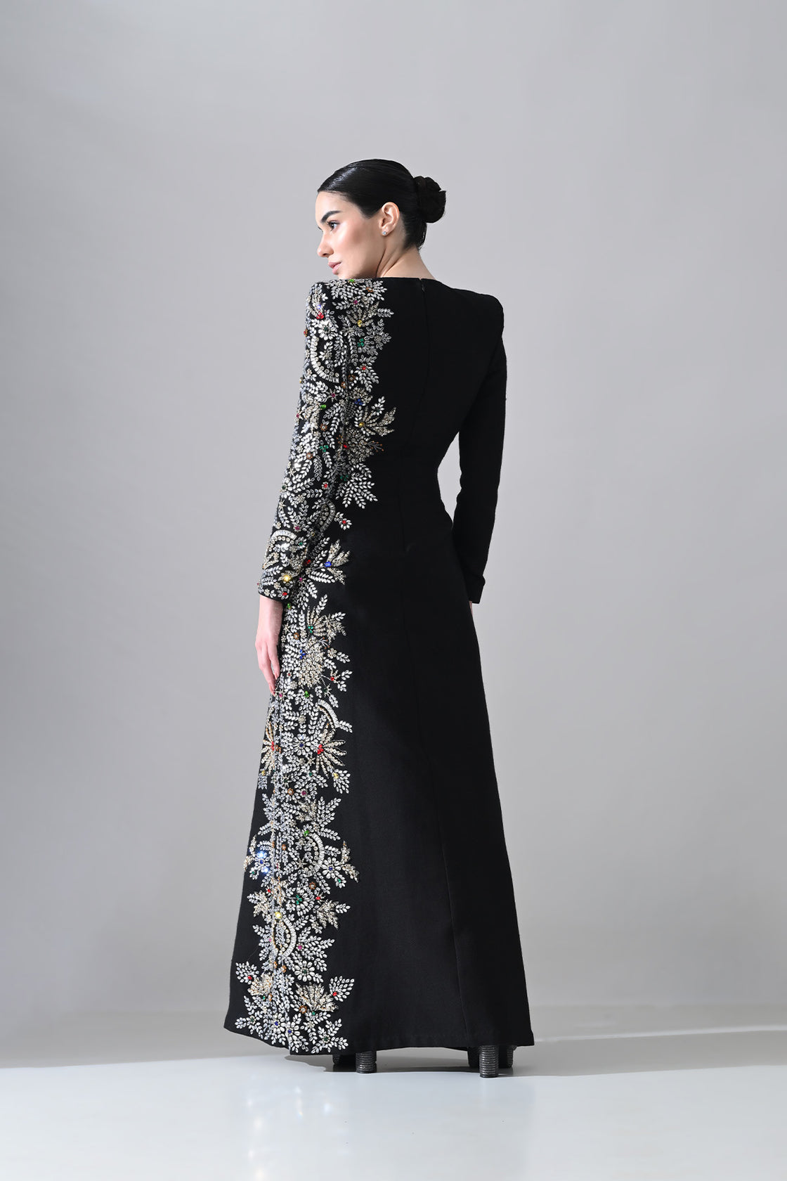 Black Gown With One-Sided  Embellishment Details